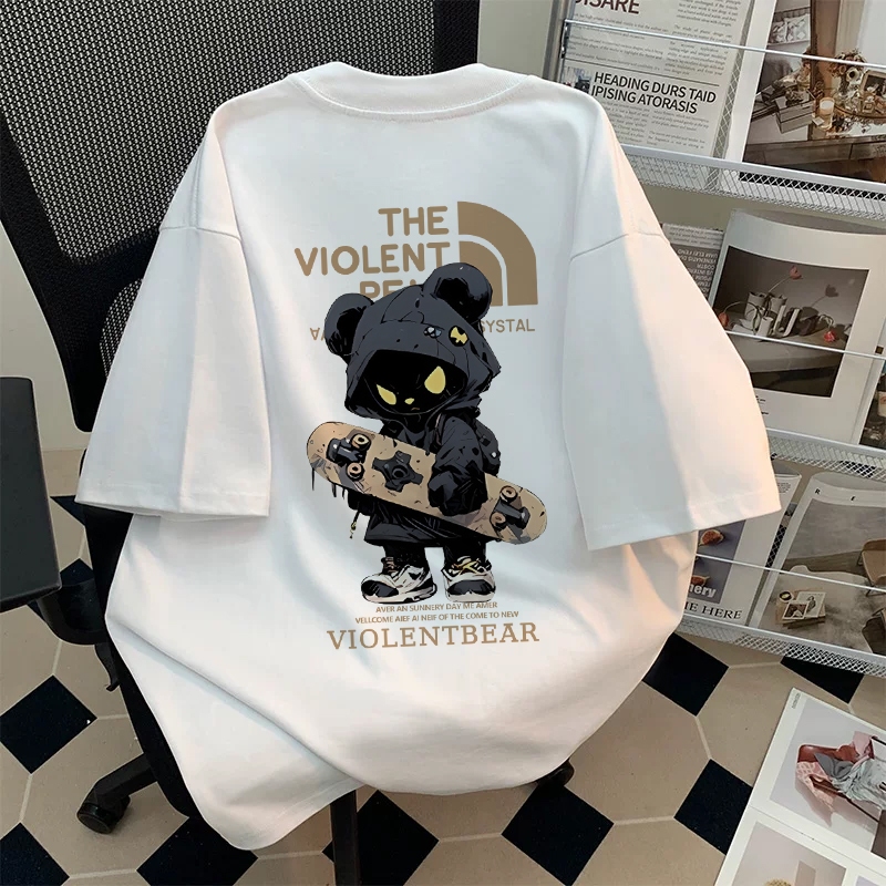 Top.street เสื้อยืด oversize 'VIOLENTBEAR' พิมพ์ลาย แขนสั้น วินเทจ เสื้อชาย แฟชั่น สไตล์เกาหลี เสื้อระบาย 3XL