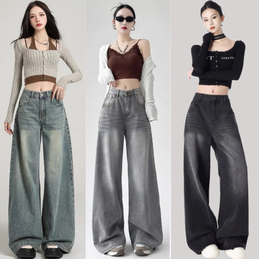 (S-3XL) Jinjeans กางเกงยีนส์ขากระบอกสีเทา แต่งเฟด (909เฟดหน้า-หลัง) Clothing ผู้หญิง เสื้อผ้า Women Lady