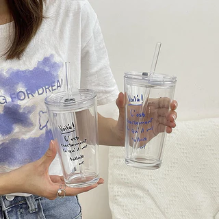 แก้วน้ำใสสไตล์ฝรั่งเศส 400ml พร้อมหลอด-rench clear tumbler with straw ถ้วยกาแฟ-มีหลอดและฝาปิด