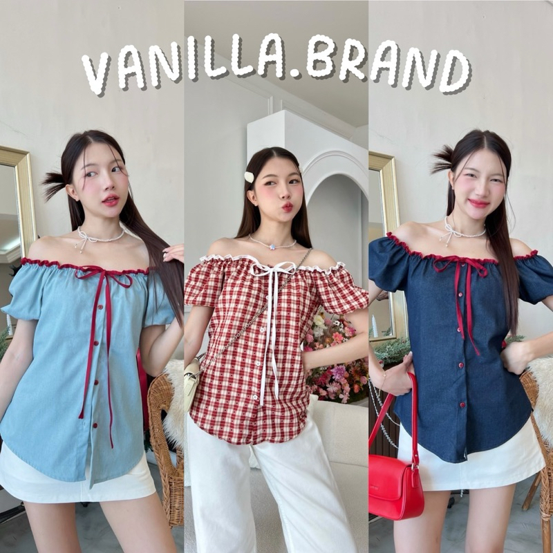 เสื้อปาดไหล่ แต่งกุ้นขอบ กระดุมแดง -ttm / VB0417