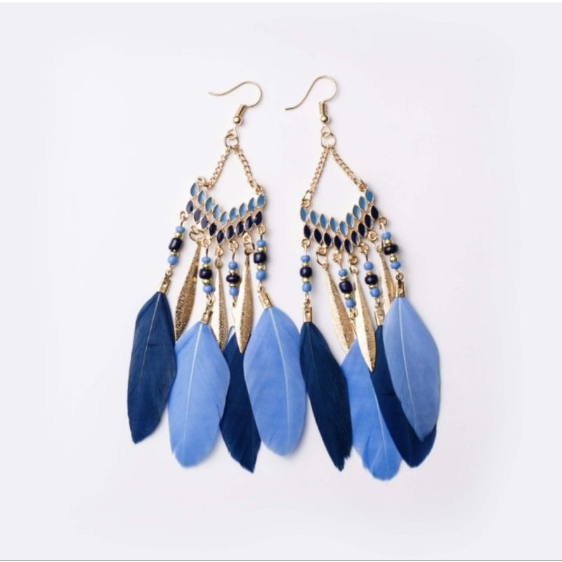 พร้อมส่งในไทย ต่างหู โบฮีเมียนขนนก เครื่องประดับ แต่งลูกปัดขนนก สไตล์ชนเผ่า สาวคาวบอย สวยงาม ส่งจากไทย - รูปที่ 4