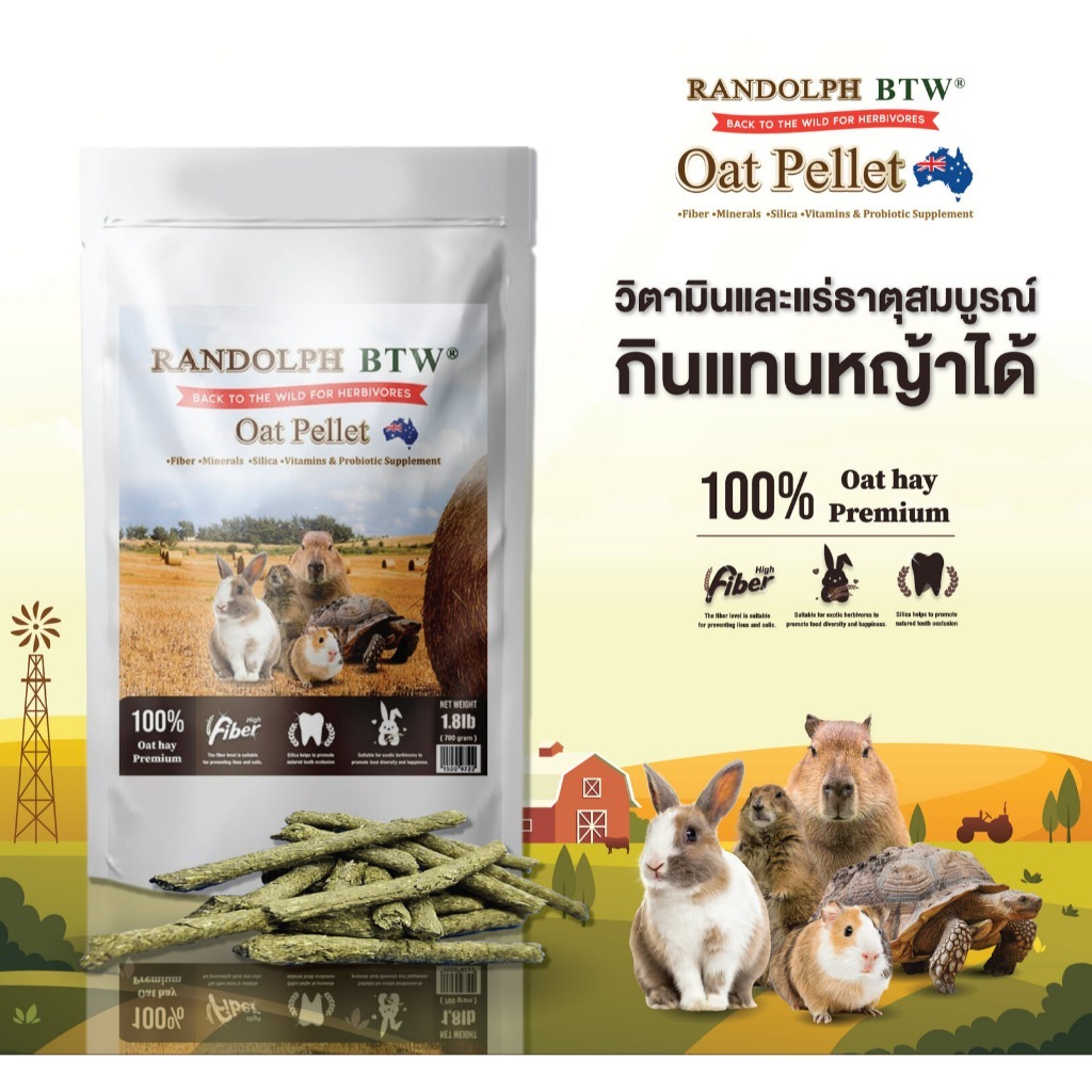 Randolph Oat Pellet 500 g. หญ้าโอ๊ตอัดเม็ดเสริมวิตามิน แร่ธาตุ และพลังงาน อุดมไปด้วยโปรตีน 500 กรัม