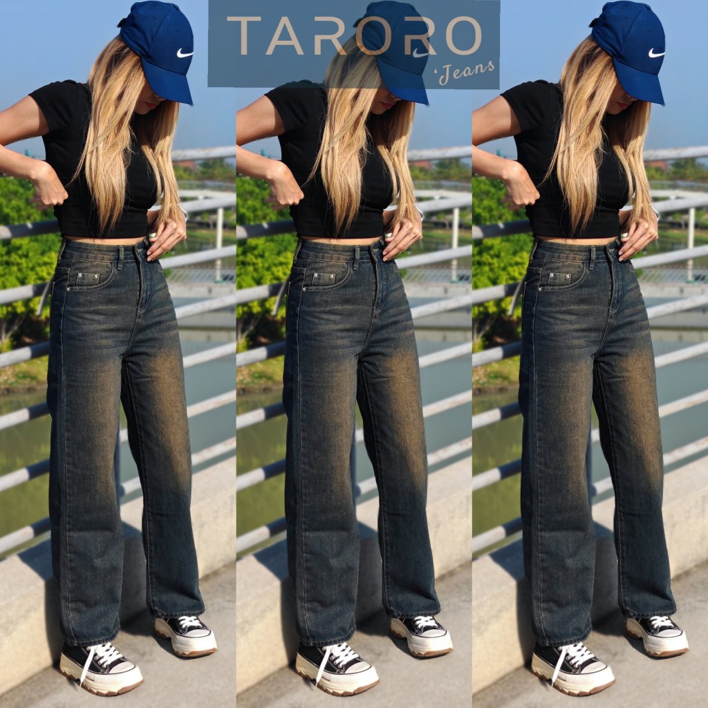 TARORO กางเกงยีนส์ขายาว ทรงกระบอก JEANS ป้ายวินเทจ แต่งฟอก แต่งเฟดสีสนิม สีสวย ผ้าดีมากใส่สบาย
