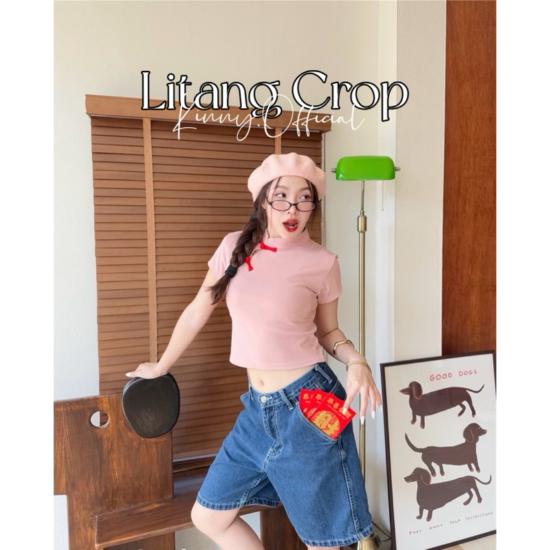 Litang Crop เสื้อครอปผ้ายืดผู้หญิง คอจีน Clothing Women Tshirt