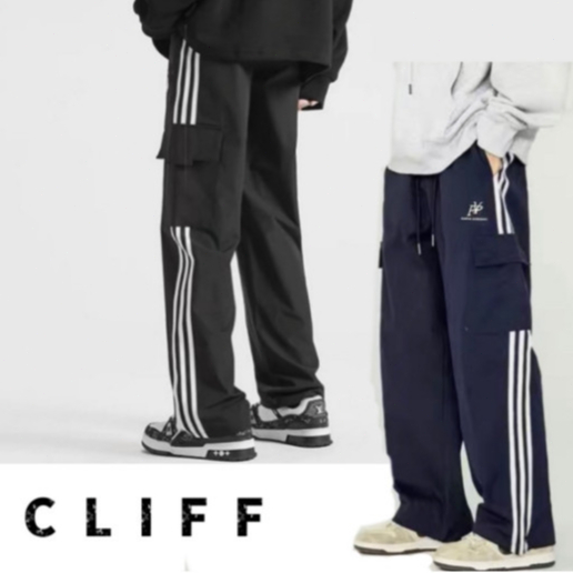 CLIFF กางเกงขากว้างสำหรับผู้ชาย หดตัวกางเกง Drawstring ออกแบบหัวสบาย ๆ สไตล์เทรนด์ผ้าบาง ๆ สวมใส่สบายตรงขากว้างรุ่นแสดงผ