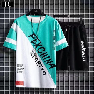 TC ชุดแฟชั่นชาย 2 ชิ้น เสื้อยืดแขนสั้น + กางเกงขาสั้น ชุดกีฬาและชุดพักผ่อนนุ่มสบายและระบายอากาศได้ดี รุ่น2816