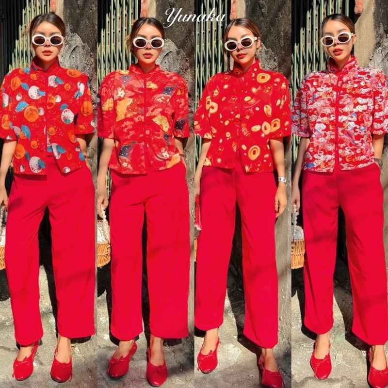 Chinese Style set ซินเจียยู่อี่ ซินนี่ฮวดไช้ งานตรุษจีนมาแล้วค๊าาา เสื้อเชิ้ตคอจีนแขนสั้น แต่งกระดุมจีนสีแดง