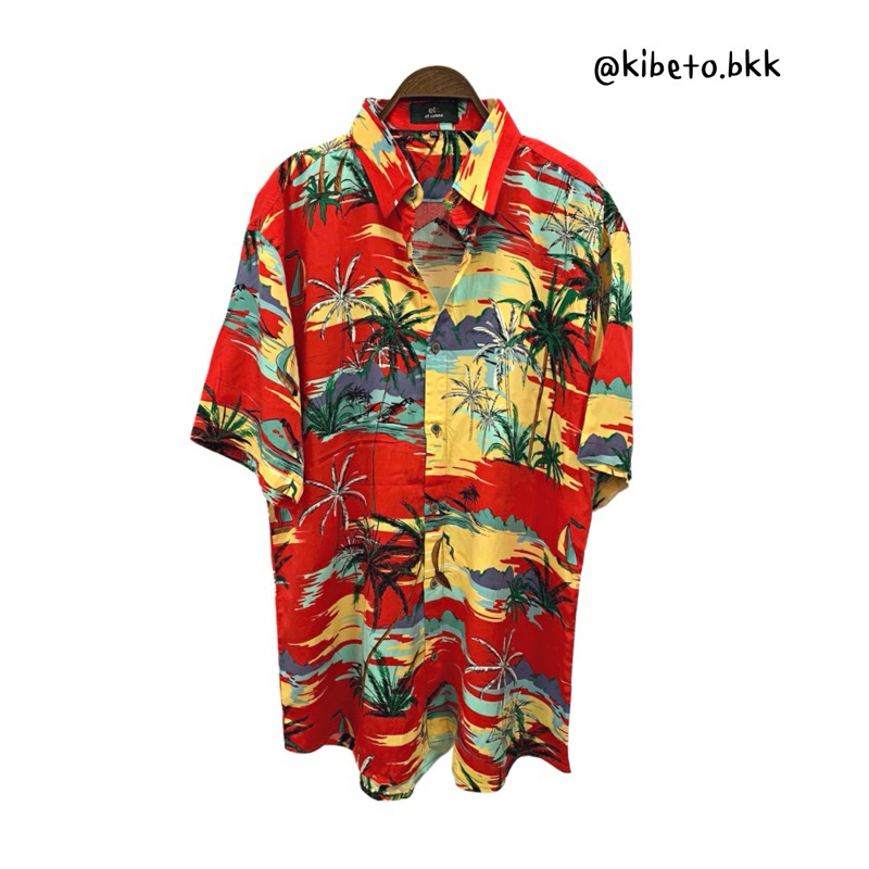 Kibeto เสื้อฮาวาย ลายทะเล สีแดงเหลือง ผ้าสปันเรยอน เนื้อนิ่ม ใส่สบาย M L XL 2XL 3XL