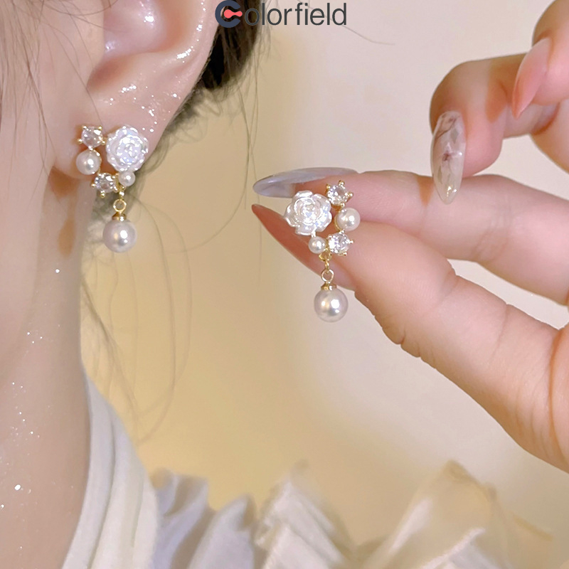 Colorfield S925ต่างหู ดอกคามิเลีย ต่างหูมุก ต่างหู Rhinestone ผู้หญิง ดอกไม้ ต่างหูแฟชั่น เข้ากับทุกชุด สําหรับผู้หญิง