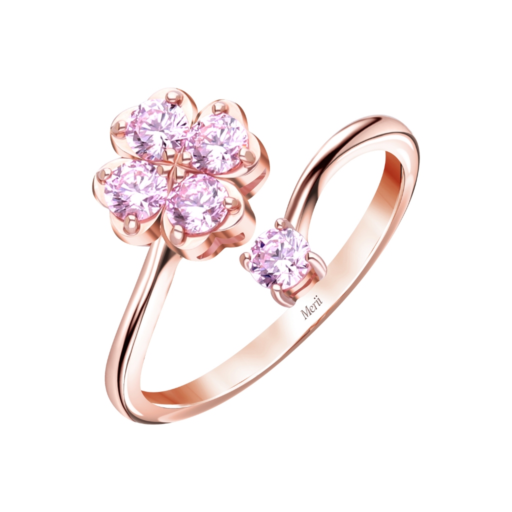 Merii แหวนเงินแท้ชุบโรสโกลด์ ประดับ CZ สีชมพู ดีไซน์ใบโคลเวอร์ Lucky Clover