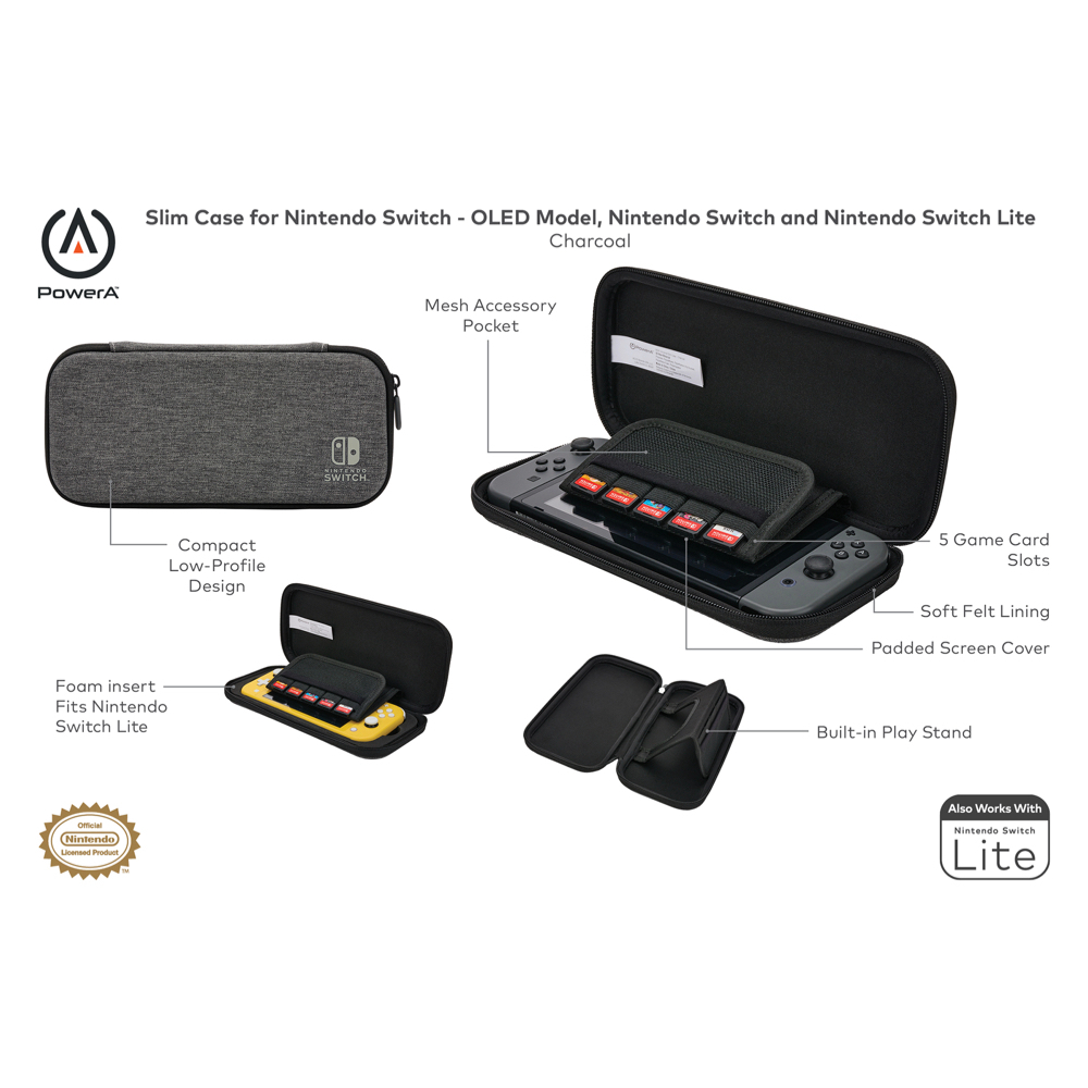 PowerA Slim Case for Nintendo Switch - OLED Model, Nintendo Switch or Nintendo Switch Lite – Charcoal