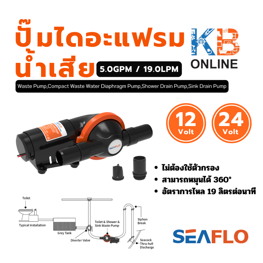 SEAFLO ปั๊มระบายน้ำเสีย ปั๊มไดอะแฟรมน้ำเสีย 12V / 24V รุ่น SFMTP1-07 / SFMTP2-07 DIAPHRAGM WASTE PUMP Toilet Shower Sink