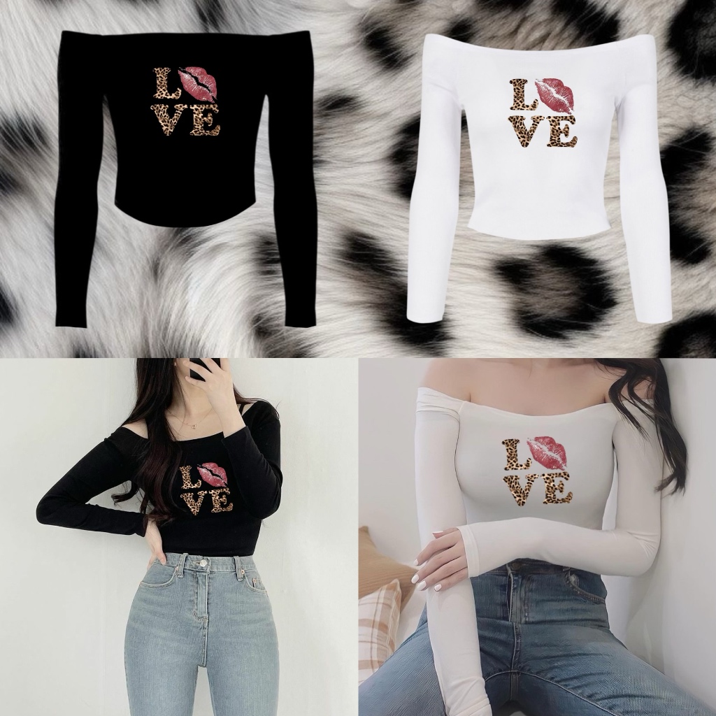 เสื้อครอปาดไหล่สกรีน L VE ลายเสือ แบบสาวแกรม Glamorous มี 2 สี พร้อมส่ง รุ่น Long sleeves shoulder Crop top Love