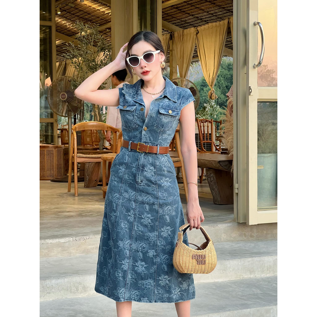 JIDAPA STYLE M เดรสยีนส์ + เข็มขัด สกิดลายดอกไม้ กระดุมหน้า คอปก น่ารัก สวย ชิค