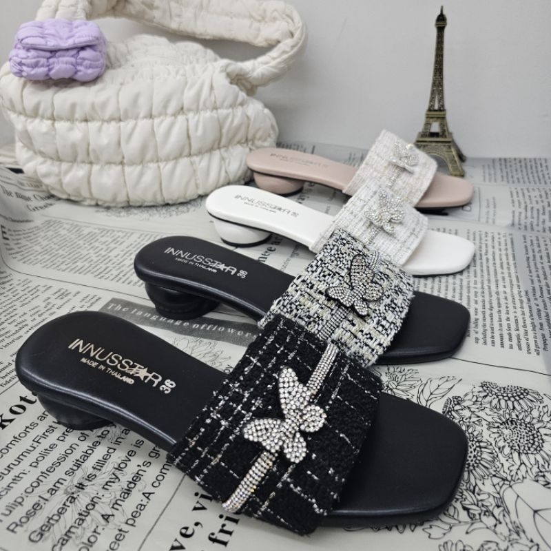 🦋BUTTERFLY 👑TWEEDรองเท้าแฟชั่น(1นิ้ว)ผ้าทวีตติดผีเสื้อคาดเพชร💎พร้อมส่ง