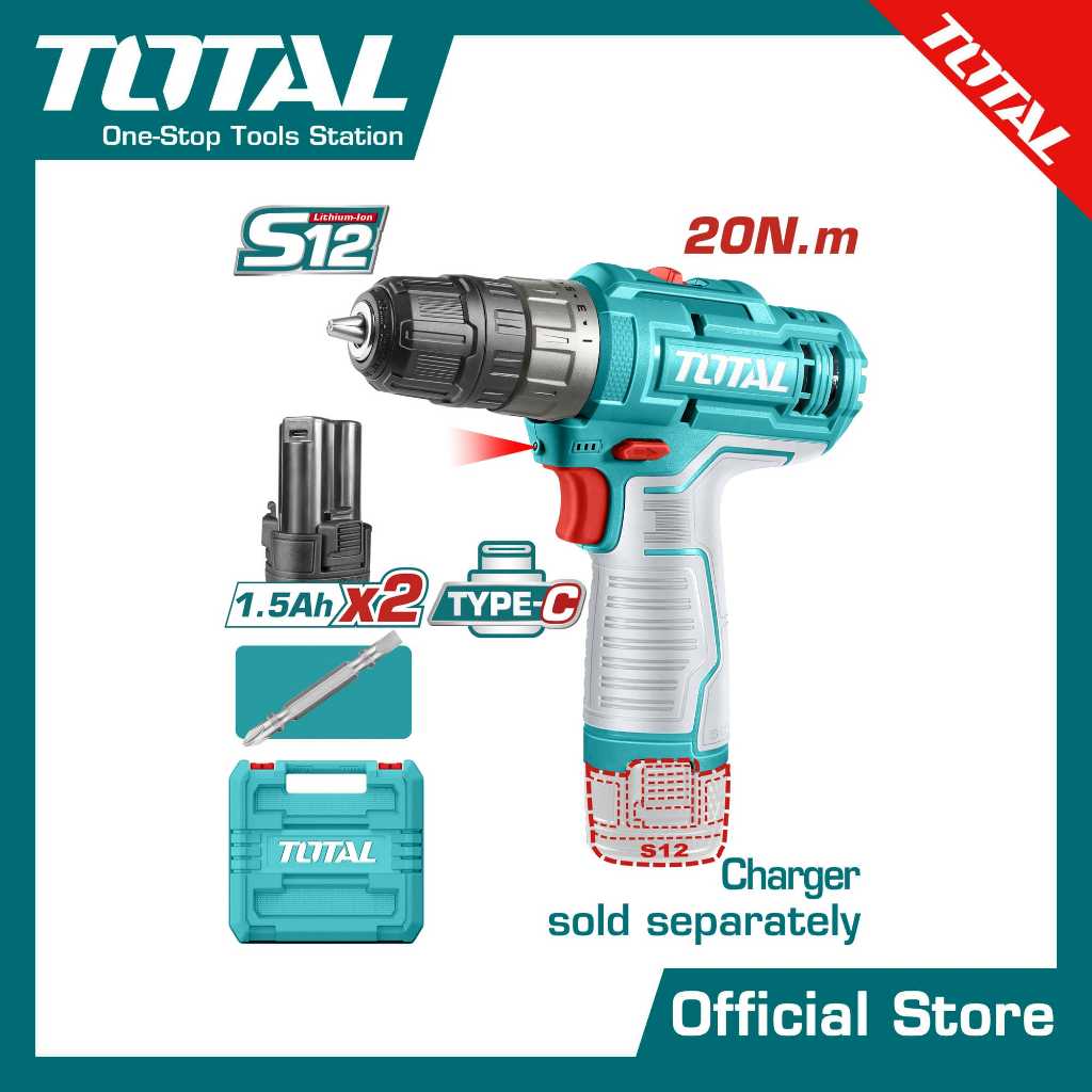 TOTAL สว่านแบตเตอรี่ไร้สาย12V. หัวสว่านแบบเหล็ก #TDLI12202