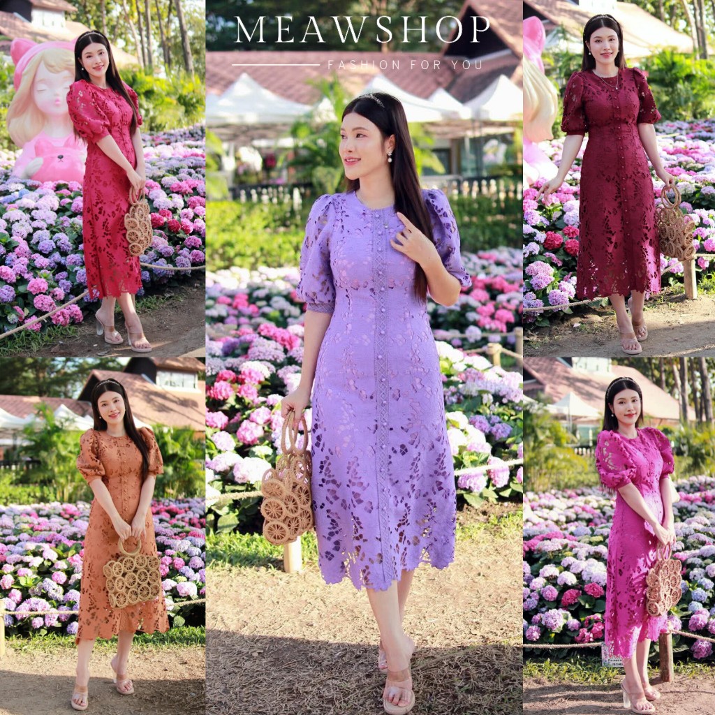 มี7สีค่ะ M-6XL ชุดเดรส ลูกไม้ ฉลุ คอกลม แต่งกระดุมด้านหน้า ชุดสาวอวบ อ้วน ชุดไปงาน ออกงาน ชุดไปวัด ท