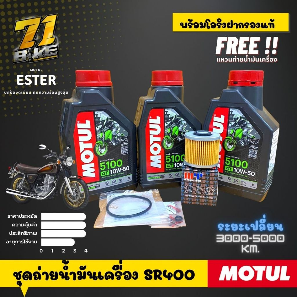 ชุดถ่ายน้ำมันเครื่อง Motul5100 SAE10W50 กรอง โอริง ฟรีแหวนถ่ายน้ำมันเครื่อง SR500 SR400 DRAGSTAR400