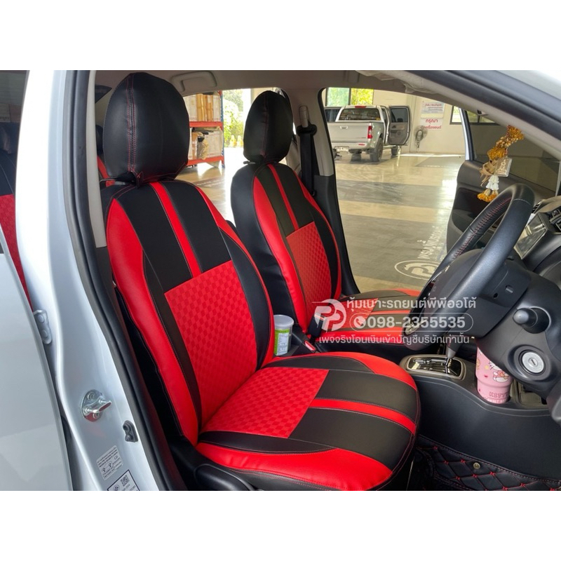 ชุดหุ้มเบาะสวมทับเข้ารูปตรงรุ่น Mitsubishi attrage ทุกปี ลายพีสีแดงสดขอบข้างสีแดงสด