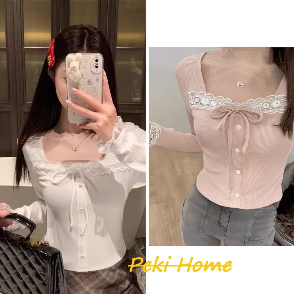 เสื้อยืดแขนยาวสไตล์บาเลต์ ตัดเย็บลูกไม้สุดเก๋