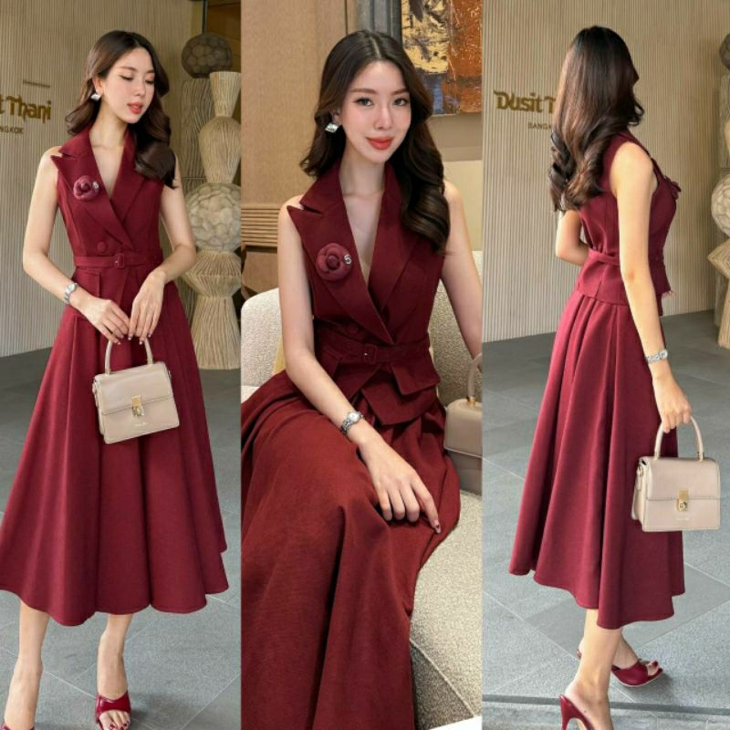 (S-XL)  CHARISSA 📣พร้อมส่งเซ็ทเสื้อแขนกุด+กระโปรงยาว+เข็มขัด+เข็มกลัดดอกไม้ทรงสวยเข้ารูปเนื้อผ้าอย่างดี - รูปที่ 2