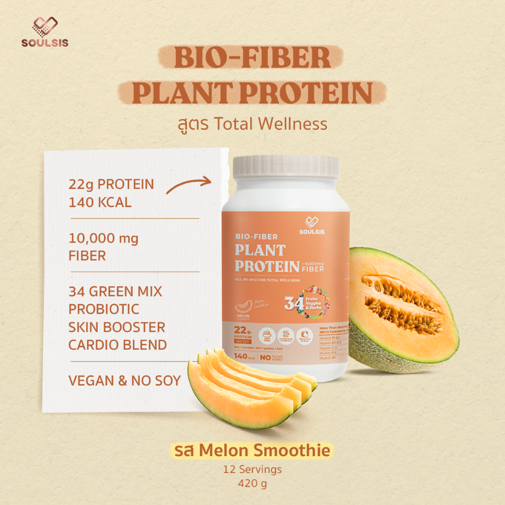 Soulsis Plant Protein โปรตีนพืช สูตรBio-Fiber รสMelon เมล่อน แทนมื้ออาหาร เจ สร้างกล้ามเนื้อ
