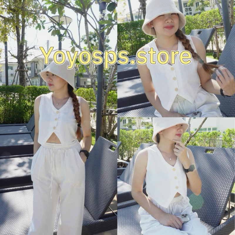 พร้อมส่ง🥨Jingjai top เสื้อผ้าฝ้าย เสื้อกั๊กครอปกระดุมหน้า