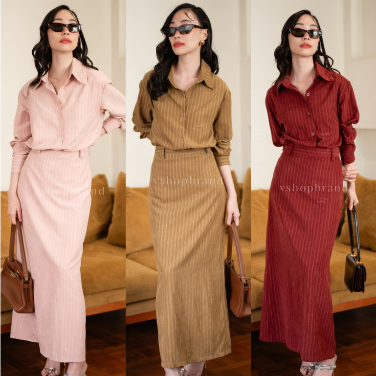 พร้อมส่ง Set เชิ้ตริ้วแขนยาว+กป.ยาวผ่าหลังงานป้าย vshopbrand