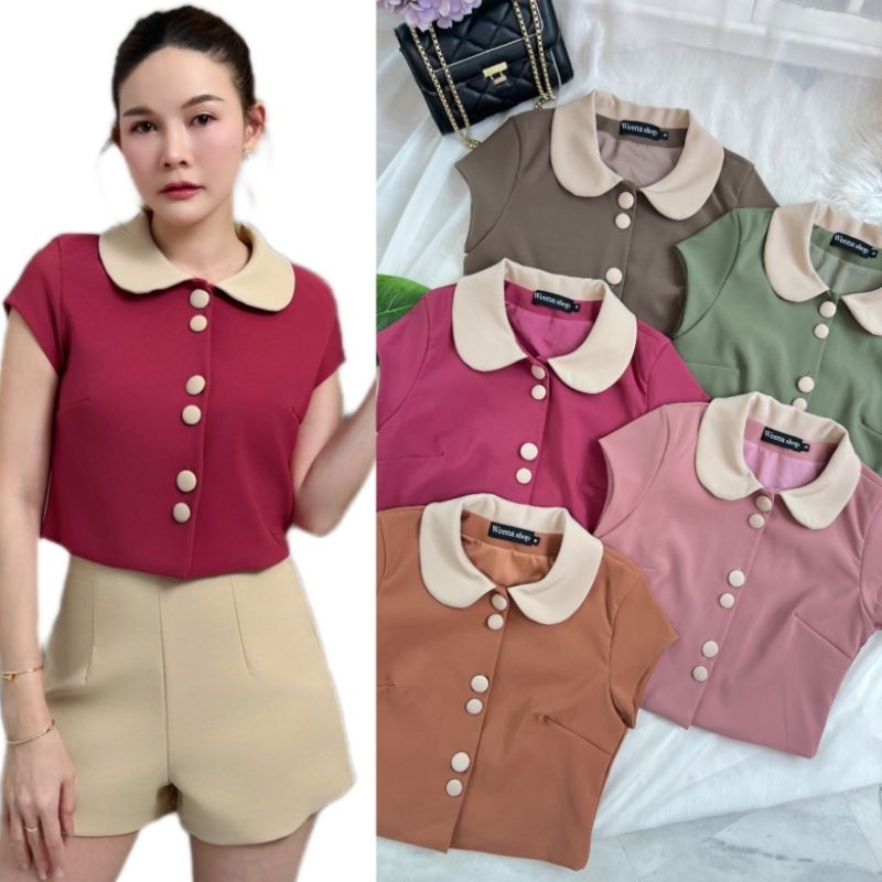 เสื้อครอป คอบัว ปกทูโทน 6 กระดุมปั๊ม (วน.79 Weena Shop)