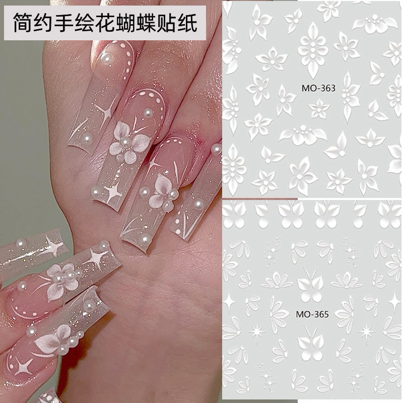 สติกเกอร์แต่งเล็บใช้ติดบนเล็บ ลายเส้นดอกไม้สีขาว เล็บสไตล์เกาหลี