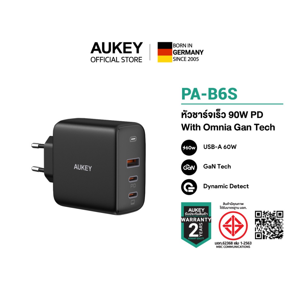 AUKEY PA-B6S หัวชาร์จเร็ว 90W Omnia Mix3 90W 3-Port Power Delivery 3.0 Charger รุ่น PA-B6S