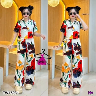 TT15031 Set 2 ชิ้น เสื้อเชิ้ตลายดอกไม้ + กางเกงขายาวเข้าเซต Set of 2 pieces. Floral shirt + trousers in a set.