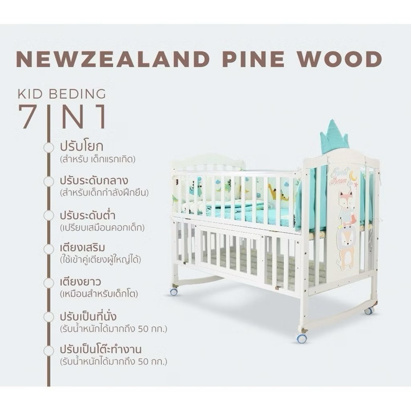 Bebeplay เตียงนอนเด็ก 7in1 รุ่น Sweet Dream(สีไม้) ปรับได้ 7 รูปแบบ มีมุ้ง/เบาะ/Bumper