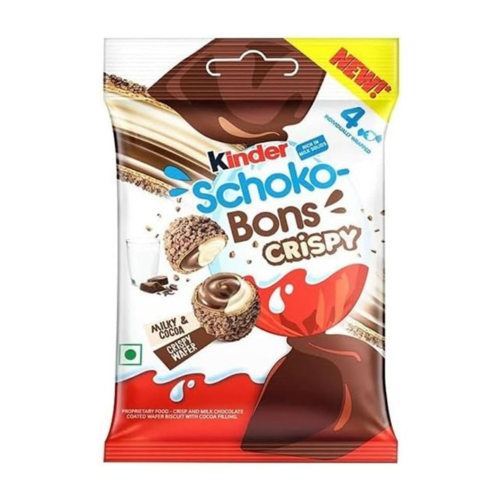 Kinder Schoko bons crispy นํ้าหนัก 22.4 กรัม มี 4 ชิ้นแยกซอง จากอินเดีย BBF.24/12/26