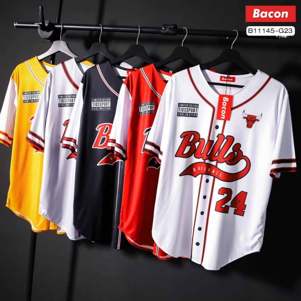 Bacon 24 เสื้อเบสบอล Oversize พิมพ์ลายทั้งตัว ผ้านุ่ม ไม่ร้อน ซัพเหงื่อ แห้งไว ใส่ได้ทุกวัน Unisex