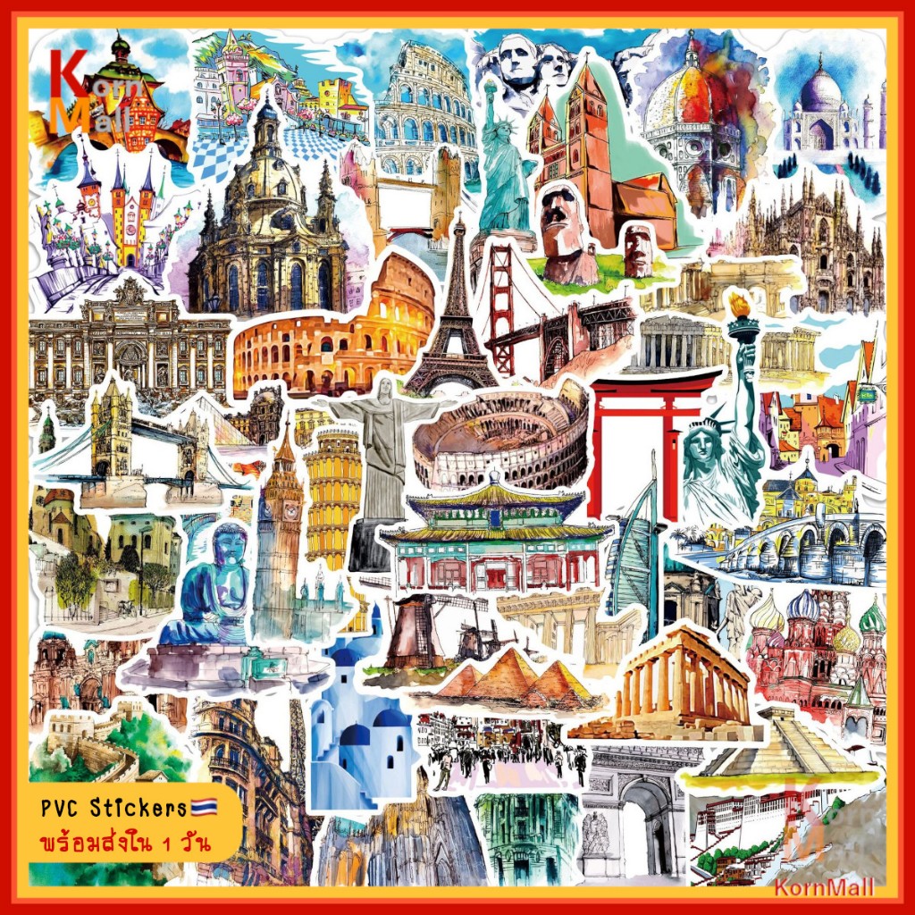 [พร้อมส่ง 1 วัน] 50ชิ้น DIY สติกเกอร์ PVC Sticker กันน้้ำ สถานที่ท่องเที่ยว น่ารัก Cute World Journal Travel Landmark