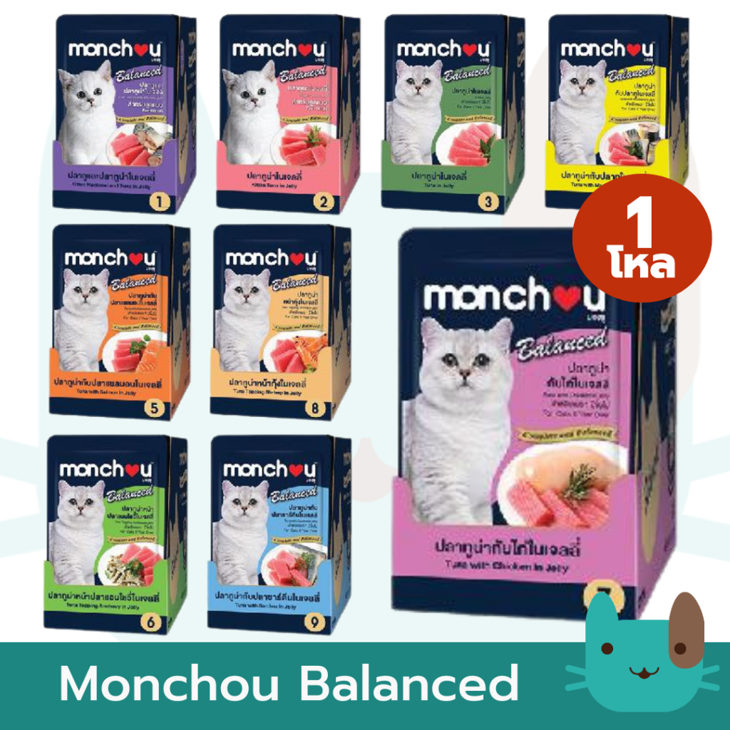 Monchou Balanced (1กล่อง12ซอง) อาหารเปียกแมว ขนาดซองละ 80g แมวทานยาก
