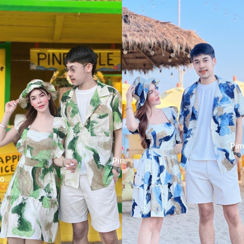 ชุดคู่ เซ็ต3ชิ้น เดรสคอเหลี่ยม ระบายช่วงแขนผูกหลังมาพร้อมหมวก+เสื้อฮาวายผู้ชาย ใส่ไปทะเล คือปัง