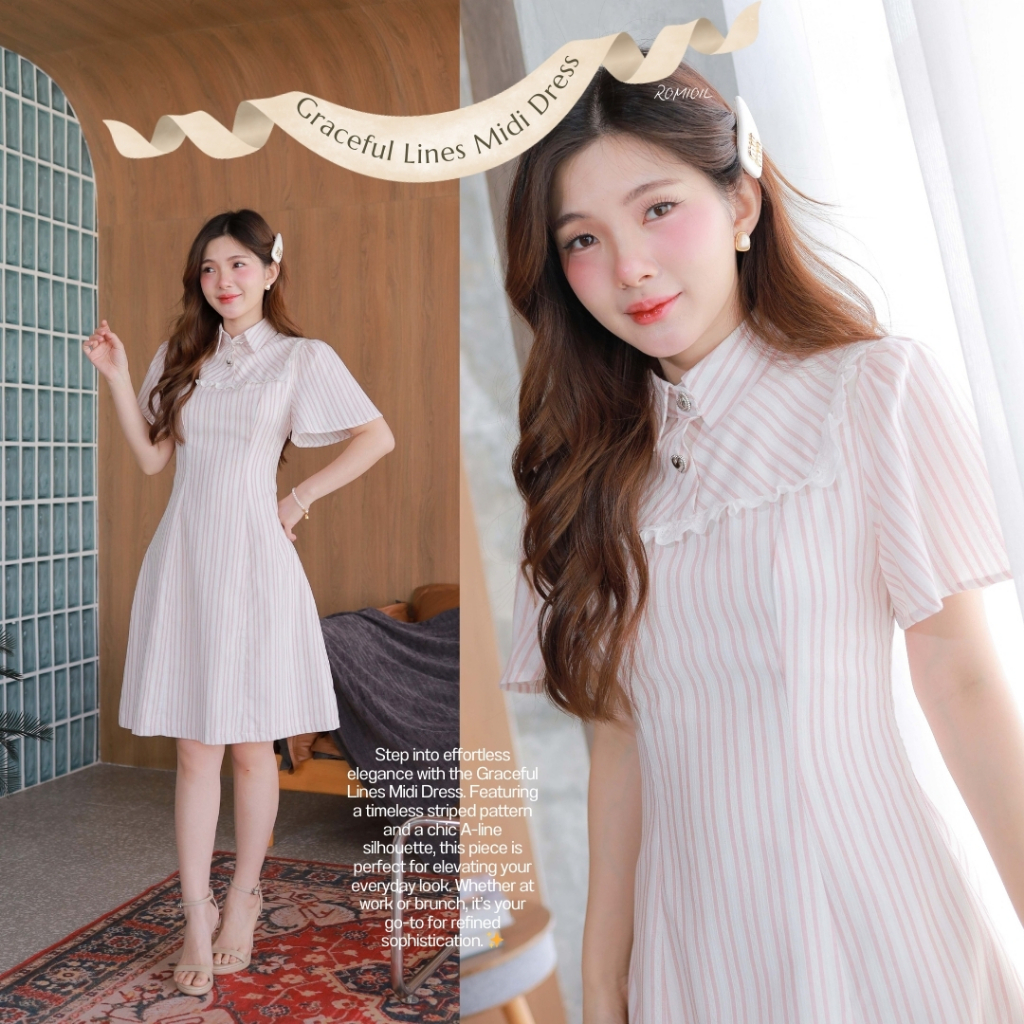 Romi"Oil" Graceful Lines Midi Dress (Pink) J588 ชุดเดรสสีชมพู (คอปกลายทางแต่งกระดุมหัวใจ)