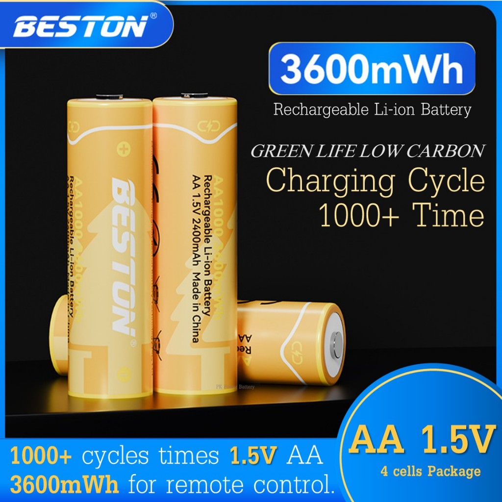 ถ่านชาร์จ Beston AA 1.5V 3600mWh แบตเตอรี่ลิเธียมแบบชาร์จไฟได้ จำนวน 4 ก้อน (แผงทอง)