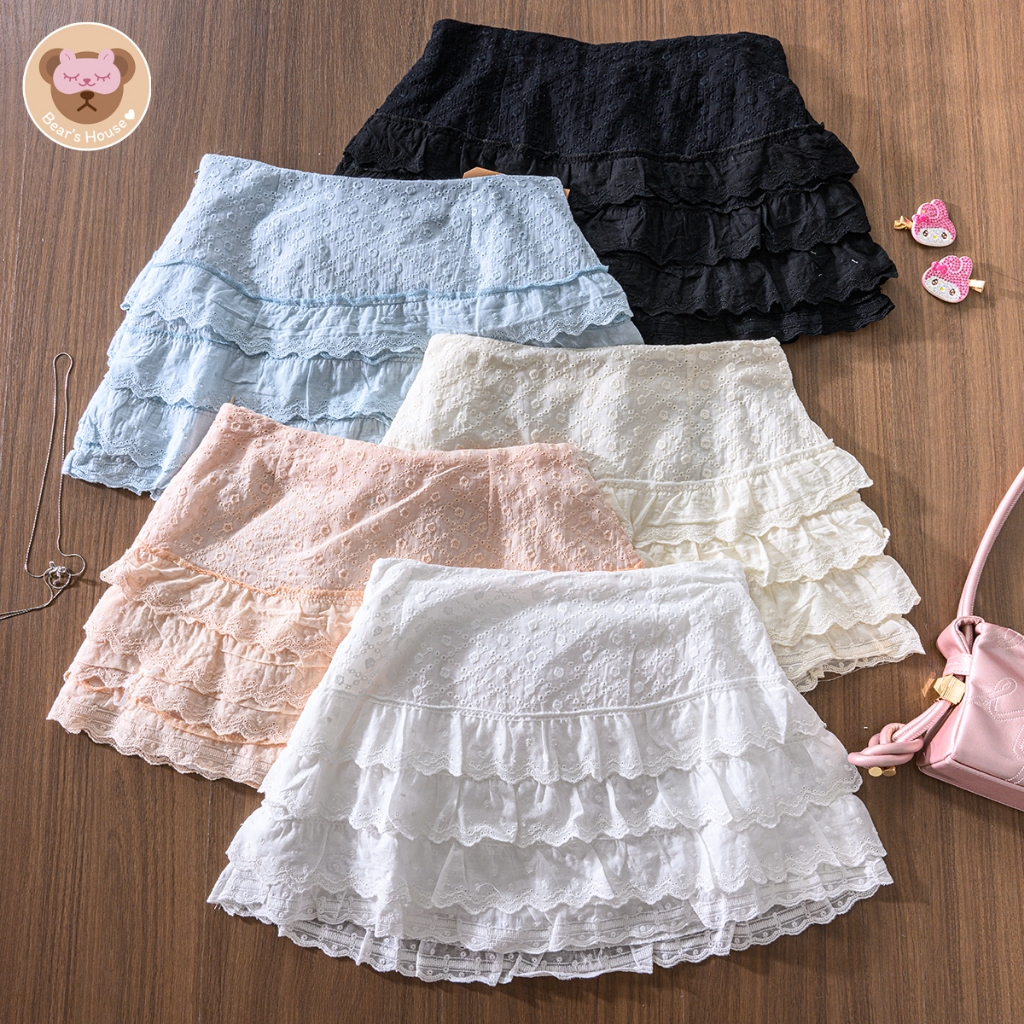 Chuuy Lace Skirt กระโปรงลูกไม้ เเต่งระบายชั้น โทนสีพาสเทล❤️❤️