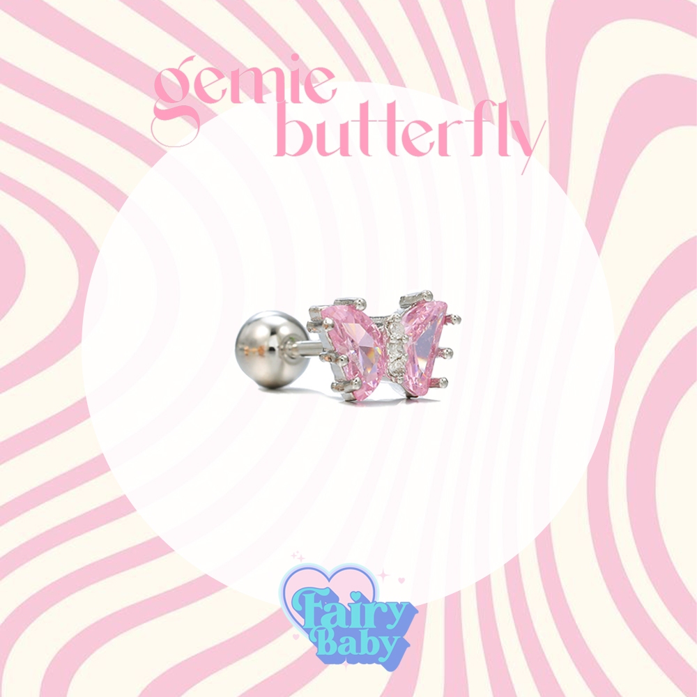 Fairybaby จิว Gemie Butter - Pink (1ชิ้น) ยาว 8 mm จิวหู จิวต่างหู รูป ผีเสื้อ สีชมพู  1 ชิ้น (J1-040)