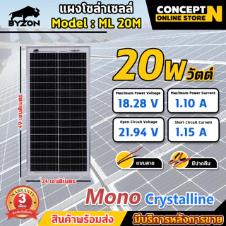 แผงโซล่าเซลล์ BYZON 18V 10W 20W 30W 40W 50W MONO พร้อมสายคีบแบต Solar Cell โซล่าเซลล์ Solar Panel กันน้ำ ประกัน 3 เดือน