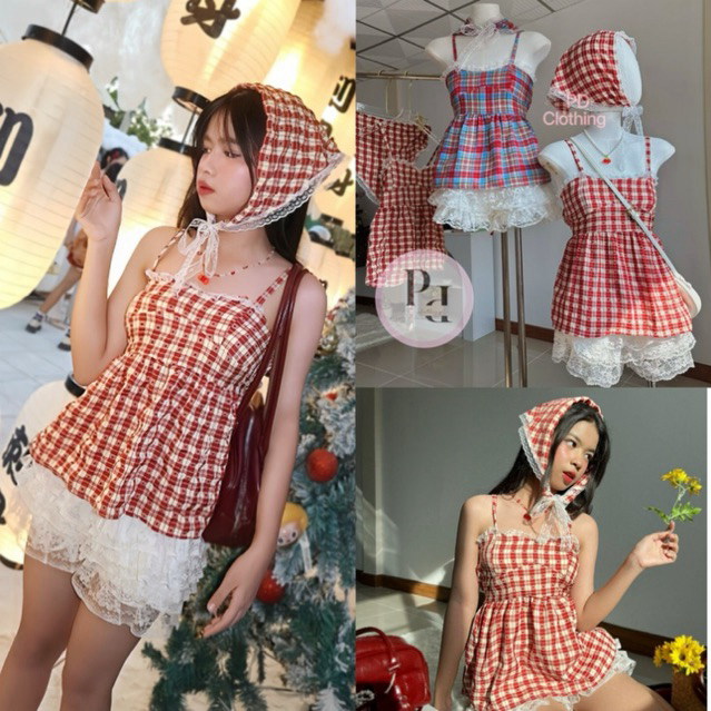 เสื้อ+ผ้าโพกผม ลายสก็อต