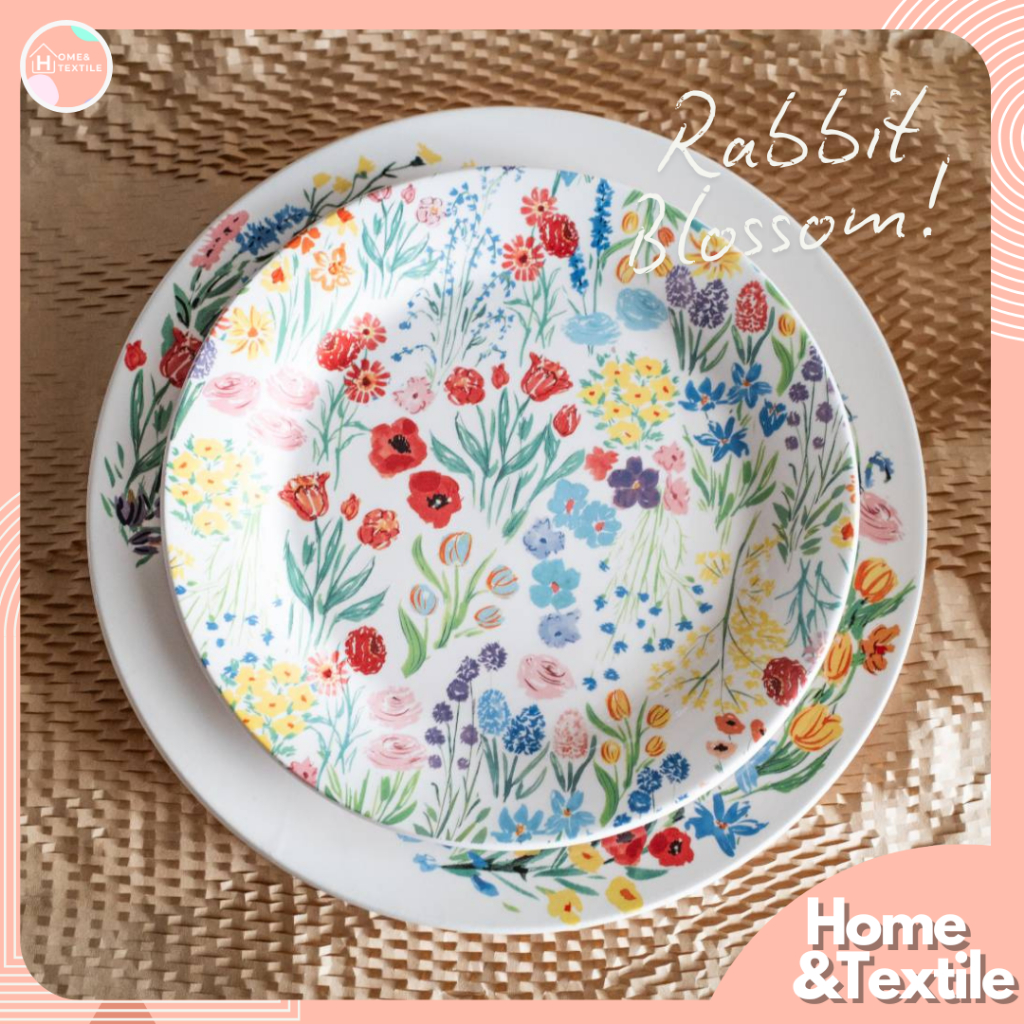 【พร้อมส่ง】จานเซรามิค แต่งลายดอกไม้ กระต่ายในสวน | Rabbit & Blossom
