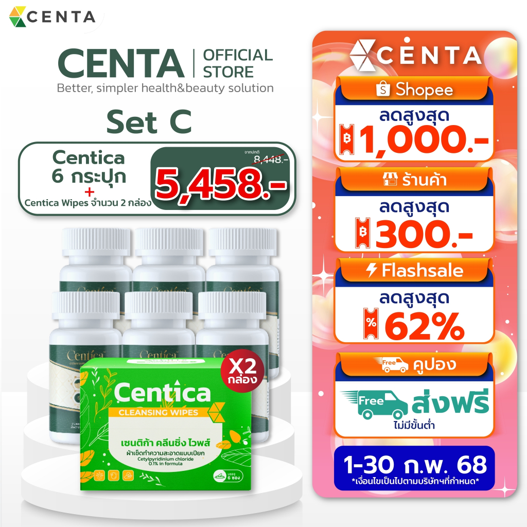 เซตสุดคุ้ม Centica 6 กระปุก+Centica wipes 2 แพ็ค ยาลดบวม ช้ำ หลังศัลยกรรม และผ้าเปียกทำความสะอาดหน้า