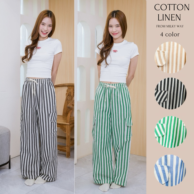 MKW002 กางเกงขายาวทรงคาโก้ เนื้อผ้า cotton ลินินลายทาง