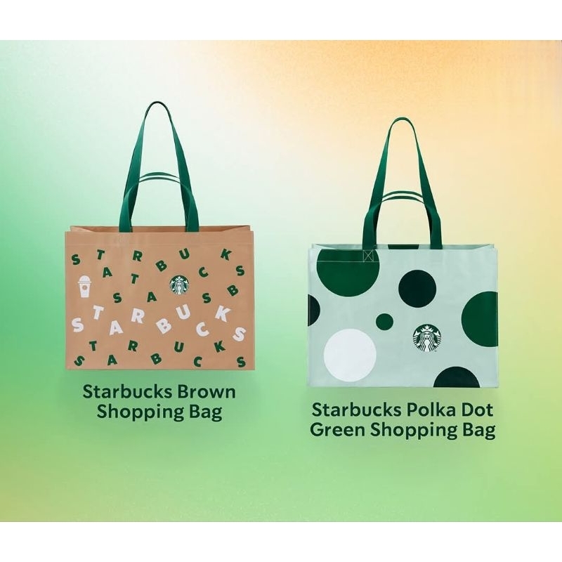 กระเป๋าสตาร์บัคส์ 2025 Starbucks Letters Brown and Polka Dot Green Shopping Bag