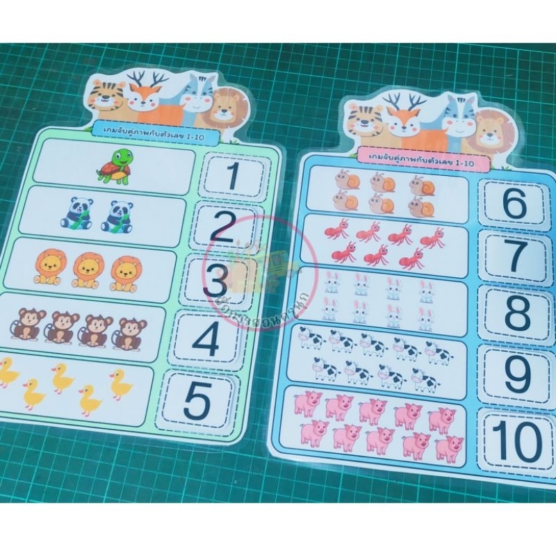 สื่อปฐมวัย เกมจับคู่ภาพกับตัวเลข1-10 แบบตีนตุ๊กแก 1ชุดมี2แผ่น