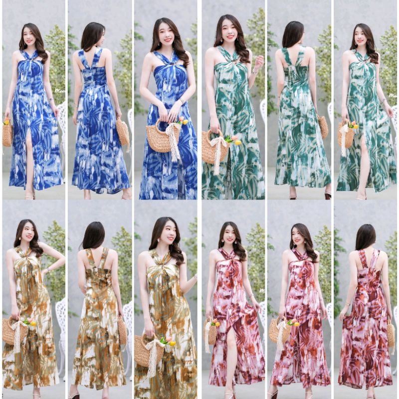 Maxi dress ลายมัดย้อมสายคล้องคอ จับจีบย่นแต่งห่วงไม้ช่วงอก